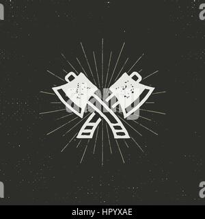 Zwei gekreuzte Achsen Vektor-Illustration. Silhouette-Stil. Strukturierte Holzfäller-Symbol. Schlichtes Design, Buchdruck-Effekt. Auf dunklem Hintergrund isoliert Stock Vektor