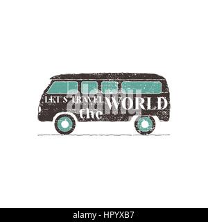 Camper van Auto Logos, Wappen und Abzeichen isoliert auf weißem Hintergrund. Wohnmobile und Wohnwagen Parkgestaltung. Freizeitfahrzeug-Vektor-Illustration mit Typografie-Elementen. Stock Vektor