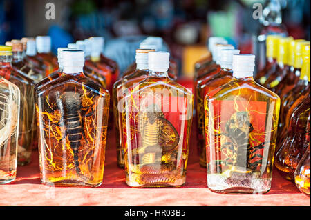 Laoatian Whisky mit Schlange und Skorpion auf dem Display in Markt, Don Insel Sao, Golden Triangle, in Laos Stockfoto