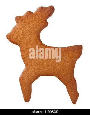 Lebkuchen in Form von Rentieren, die isoliert auf weißem Hintergrund. Ansicht von oben Stockfoto