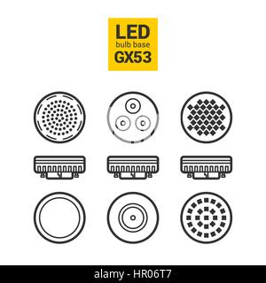 LED-Lampen mit GX53 Sockel, Vektor-Übersicht-Symbol auf weißem Hintergrund festlegen Stock Vektor