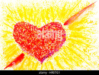 Aquarell Herz mit roten und gelben Farbtupfern Stockfoto