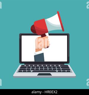 Hand mit Megaphon Laptop digitales marketing Stock Vektor