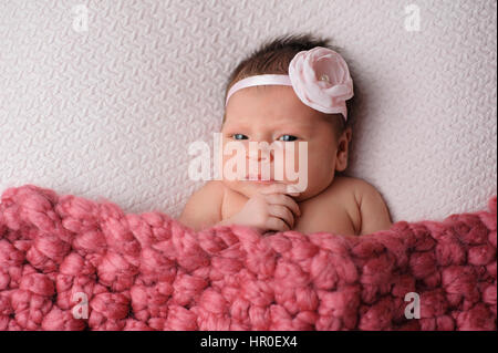 Studio-Porträt eines alert, neun Tage alten, neugeborenes Baby Mädchen. Sie hat ihre Hand am Kinn mit einem Ausdruck der Kontemplation. Stockfoto