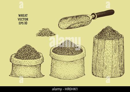 Handgezeichnete Vektor-Illustrationen mit Weizenkörner in Säcken und Fässern Stock Vektor