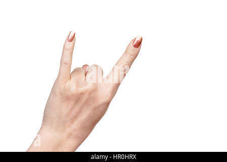Weibliche Hand Aufmachungen kleiner Finger und Zeigefinger zeigen Hörner isoliert auf weißem Hintergrund Stockfoto