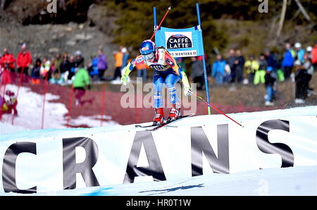 Crans-Montana, Schweiz. 25. Februar 2017. Ski-FIS World Cup, Damen Alpin Super-G, Mikaela Shiffrin (USA) 13. Foto: Cronos/Frederic Dubuis/Alamy Live News Stockfoto