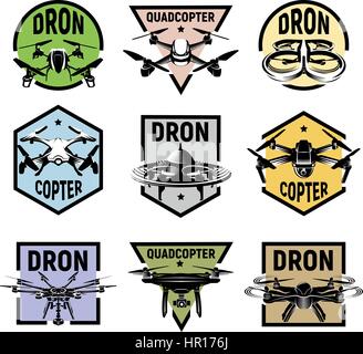Isolierte Quadcopter Symbole in bunten Rahmen, Rc Drohne Logos Sammlung, Fpv-Gerät-Logo-Set Vektor-Illustration. Stock Vektor