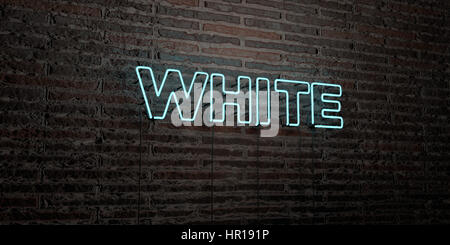 WHITE - realistische Leuchtreklame auf Ziegelmauer Hintergrund - 3D gerenderten Lizenzgebühren frei Bild. Einsetzbar für Online-Bannerwerbung und Direct-Mailings. Stockfoto
