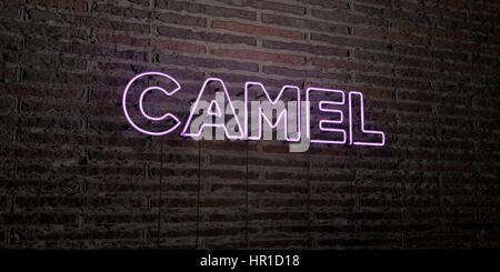 Kamel - realistische Leuchtreklame auf Ziegelmauer Hintergrund - 3D gerenderten Lizenzgebühren frei Bild. Einsetzbar für Online-Bannerwerbung und Direct-Mailings. Stockfoto