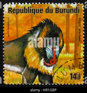 Moskau, Russland - 19. Februar 2017: Zeigt eine Briefmarke gedruckt von Burundi Mandrillus oder Pavian, Serie Tiere Burundi, ca. 1975 Stockfoto