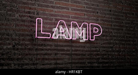 Lampe - realistische Leuchtreklame auf Ziegelmauer Hintergrund - 3D gerenderten Lizenzgebühren frei Bild. Einsetzbar für Online-Bannerwerbung und Direct-Mailings. Stockfoto