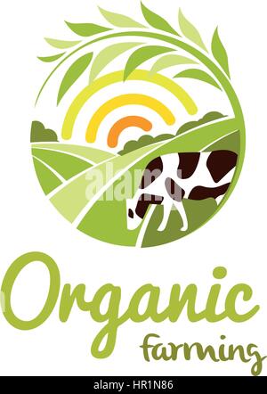 Isolierte abstrakt Runde Form ländlichen Landschaft mit Sonne, grüne Wiese und Kuh-Logo, der ökologische Landbau Logo-Vektor-Illustration. Stock Vektor