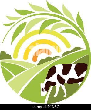 Isolierte abstrakt Runde Form ländlichen Landschaft mit Sonne, grüne Wiese und Kuh-Logo, der ökologische Landbau Logo-Vektor-Illustration. Stock Vektor