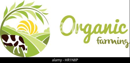Isolierte abstrakt Runde Form ländlichen Landschaft mit Sonne, grüne Wiese und Kuh-Logo, der ökologische Landbau Logo-Vektor-Illustration. Stock Vektor