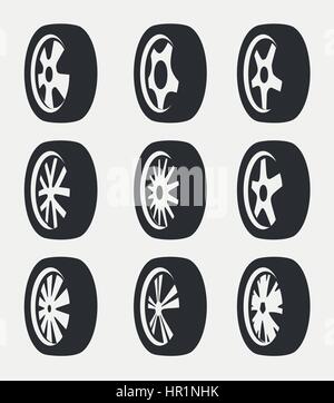 Schwarze und weiße Farbe Legierung Räder Logo Kollektion, Auto Elemente Schriftzug Set Vektor-Illustration isoliert. Stock Vektor