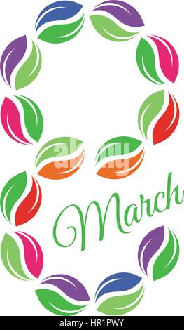Isolierte bunte Nummer acht mit grünen Word-März-Symbol, internationalen Frauen Tag Grußkarte Element Vektor-Illustration. Stock Vektor