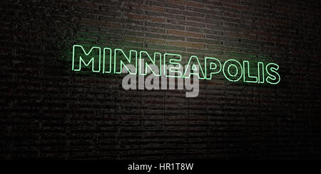 MINNEAPOLIS - realistische Leuchtreklame auf Ziegelmauer Hintergrund - 3D gerenderten Lizenzgebühren frei Bild. Einsetzbar für Online-Bannerwerbung und Direct-Mailings Stockfoto