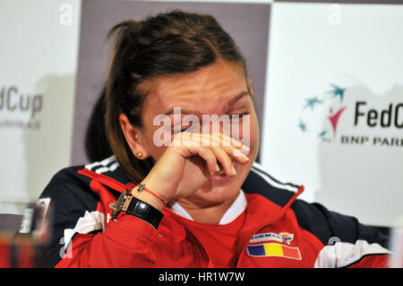 Cluj-Napoca, Rumänien-13. April 2016: Rumänische Tennis Spieler Simona Halep Beantwortung von Fragen während der Pressekonferenz vor dem Tennis Fed-Cup-BN Stockfoto