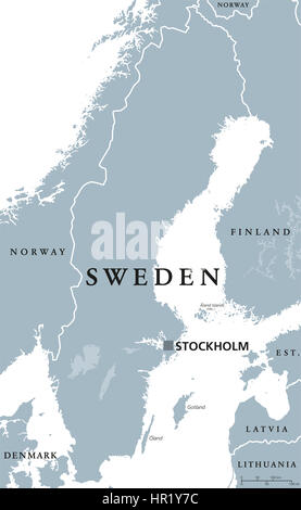 Schweden Landkarte mit Hauptstadt Stockholm, nationale Grenzen und Nachbarn. Königreich und skandinavische Land in Nordeuropa. Stockfoto