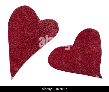 zwei rote Leder Herzen isoliert auf weißem Hintergrund ausschneiden Stockfoto