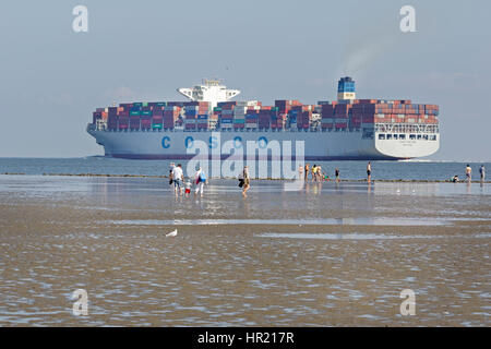 Containerschiff im Wattenmeer, Cuxhaven, Niedersachsen, Deutschland, Europa Stockfoto