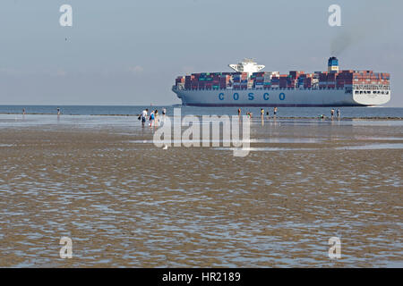 Containerschiff im Wattenmeer, Cuxhaven, Niedersachsen, Deutschland, Europa Stockfoto