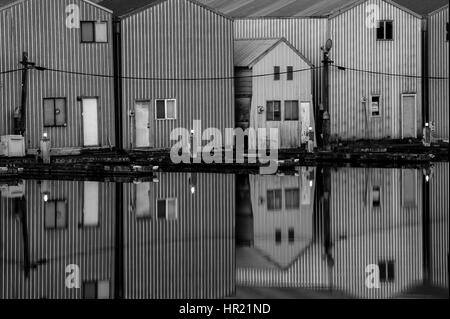 Bootshaus Reflexionen in Reihen entlang der Uferpromenade in Everett Marina Stockfoto
