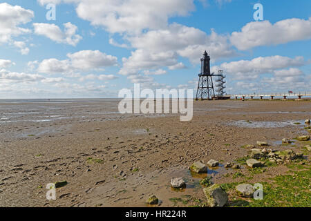 Leuchtturm Obereversand, Fischerei Hafen von Dorum-Neufe Stockfoto