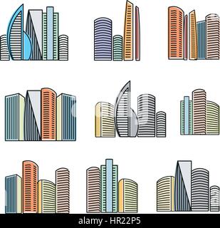 Isoliert Symbolsammlung bunte Hochhäuser, Wolkenkratzer Vektor-Illustrationen auf weißem Hintergrund. Stock Vektor