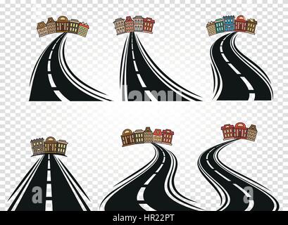 Isolierte abstrakte Straße mit Teilung Kennzeichnung und Stadtbild Symbole auf karierten Hintergrund, Autobahn Vektor Illustrationen Sammlung eingestellt. Stock Vektor