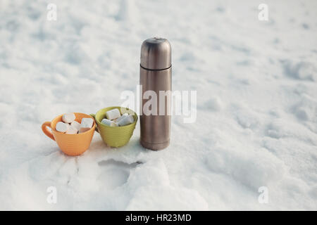 Stahl Silber Thermoskanne und Marshmallows in gelben und grünen Schalen im Schnee. Das Konzept der Winterwanderung, Picknick oder Barbecue. Still-Leben Stockfoto