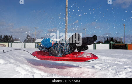 Ein kleiner Junge (4 Jahre alt) in die Luft sprang auf einem Schlitten in Quebec winter Stockfoto