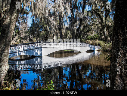 Weiße Gartenbrücke über einen Teich bei der Magnolia-Plantage und botanischen Gärten in South Carolina, SC, USA, US, Gartenpfad formeller botanischer Garten Stockfoto