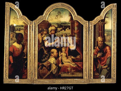 Pieter Coecke van Aelsts „Triptychon – Anbetung der Könige“ zeigt eine detaillierte Darstellung der drei Könige, die dem Christuskind ihre Geschenke überreichen. Das Kunstwerk fängt die feierliche biblische Szene mit komplexen Details und lebendigen Farben ein. Stockfoto