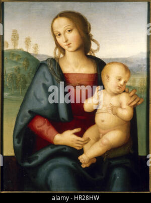 Peruginos „Madonna und Kind“ aus der Walters-Kollektion zeigt die Jungfrau Maria, die den Jesuskinder hält. Das Gemälde spiegelt die Kunsttechniken der Renaissance wider und zeigt die zarte Verwendung von Farbe und Komposition des Künstlers, um die heitere Verbindung zwischen Mutter und Kind darzustellen. Stockfoto