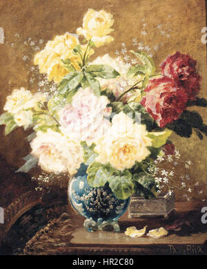 Paul Biva, die Rosen in einer Vase mit einem silbernen Schatulle auf einem Felsvorsprung, Öl auf Leinwand, 55.3 X 46,3 cm Stockfoto