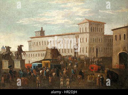 Die Piazza di Monte Cavallo ist ein historischer Platz in Rom, Italien, der für seine Skulpturen und architektonische Pracht bekannt ist. Hier befinden sich der berühmte Springbrunnen und zwei monumentale Statuen von Castor und Pollux. Stockfoto