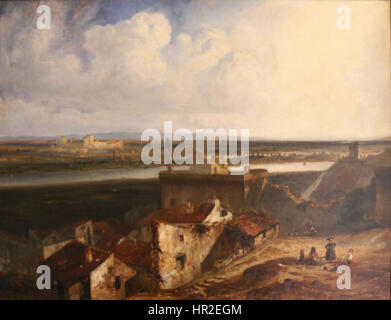 Eine allgemeine Ansicht von Avignon und Villeneuve-les-Avignon, aufgenommen von innen aus dem Fort Saint-André, von Paul Huet, einem französischen Maler, 1834. Stockfoto