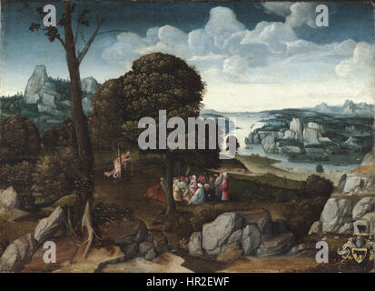 Joachim Patiniers „Landschaft mit der Predigt des Heiligen Johannes des Täufers“ verbindet religiöse und natürliche Bilder. Das Gemälde zeigt den heiligen Johannes in der Wildnis und veranschaulicht die Konvergenz von göttlichen und irdischen Reichen in der frühen niederländischen Kunst. Stockfoto