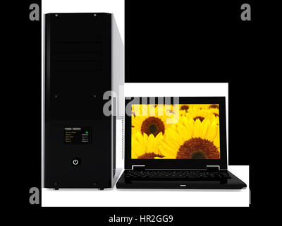Laptop und pc Turm auf einem weißen Hintergrund - hochauflösende 3d render Stockfoto