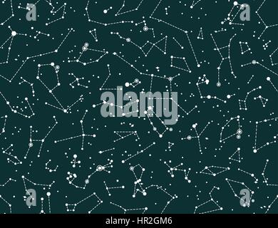 Vektor Musterdesign mit Konstellationen auf grüne Tafel Hintergrund. Astronomie-wissenschaftliche Schule-Hintergrund Stock Vektor