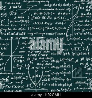 Vektor Mathematik nahtlose Muster mit verschiedenen Zeichen, zahlen, Formeln und Graphen von Funktionen. Mathe-grüne Tafel-Hintergrund Stock Vektor