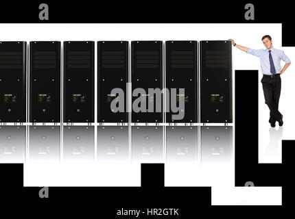 Business-Mann und seine - 3d gerenderten Netzwerkserver, detailliert auch auf Servern Bildschirmen Stockfoto