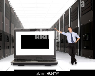 Business-Servern gemacht in 3d mit seinem Vorgesetzten und einen Laptop in Front - Platz auf dem Laptopbildschirm für Sie, Ihre Nachricht zu setzen Stockfoto