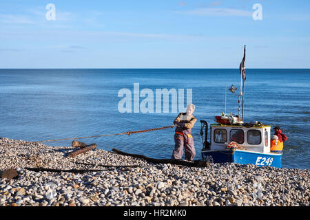 Ziehen an einer schleppen Kette Anfügen an einem Fischerboot vor dem Hochziehen des Strand von Bier, Devon. U.K. Stockfoto