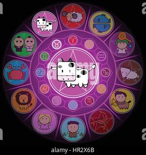 Taurus Sternzeichen im Mittelkreis Horoskop Cartoon Ikone Vektor auf schwarzem Hintergrund Stock Vektor