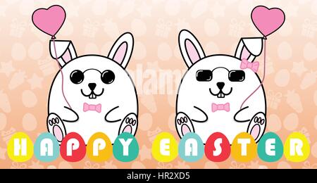 Schönes paar Kaninchen mit Ballon in Frohe Ostern-Konzept mit niedlichen orange Hintergrund Stock Vektor