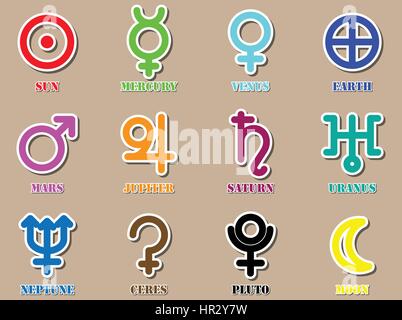 Bunte Astronomie Planeten Zeichen symbol Icon-Vektor-Illustration-set Stock Vektor