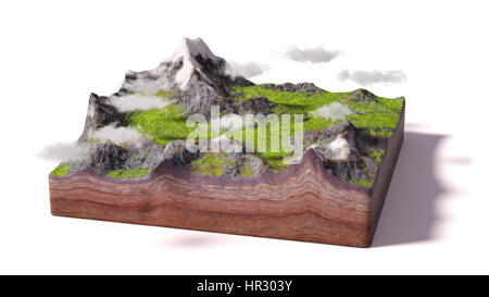 Modell eines Querschnitts des Bodens mit Bergen, Wiesen und Wolken (3d Illustration, isoliert auf weißem Hintergrund) Stockfoto